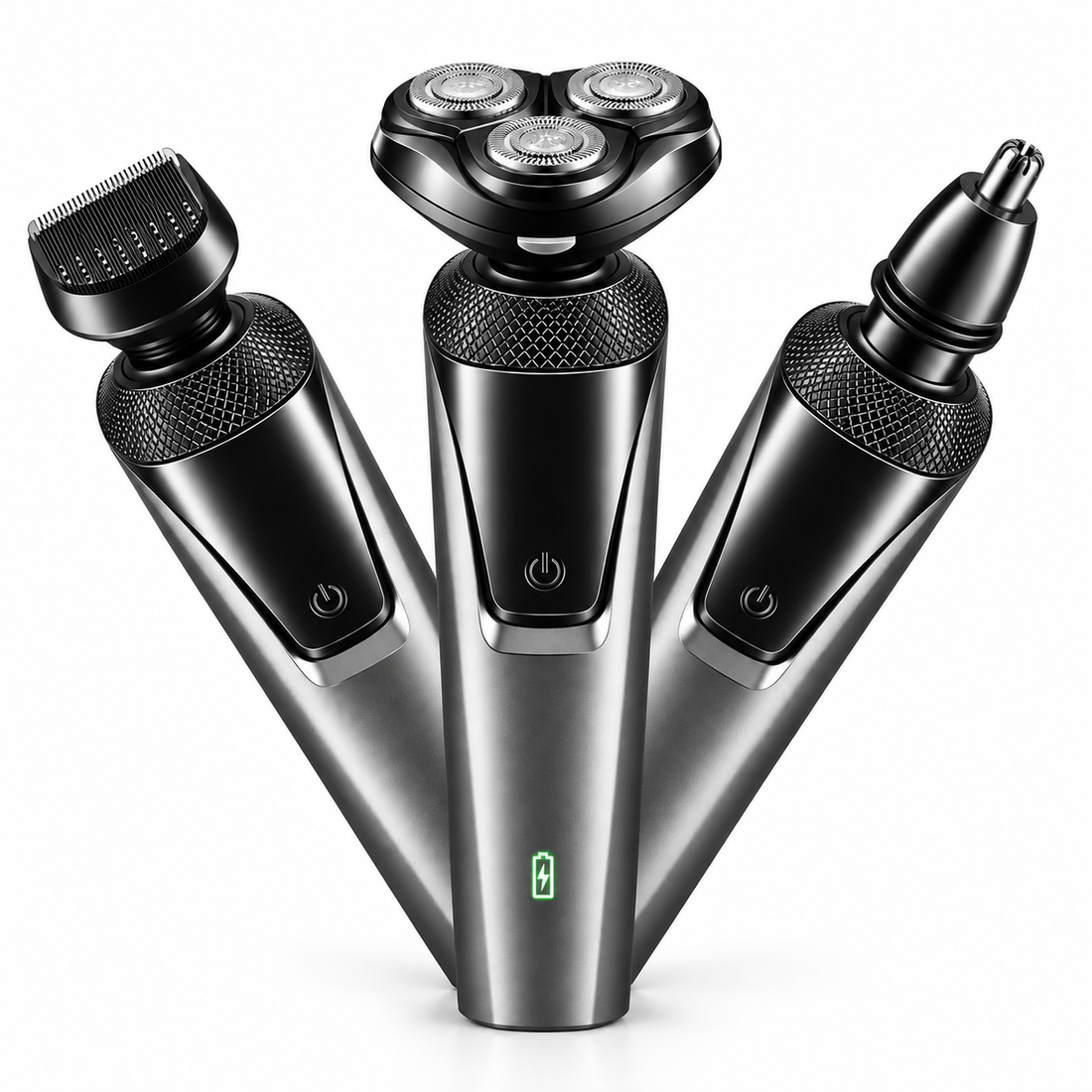 A three-in-one electric personal care device shown with three attachments: a beard trimmer on the left, a three-head shaving head in the center, and a nose trimmer on the right. The device has a metallic silver body with black accents and a green battery indicator light, set against a plain white background.
